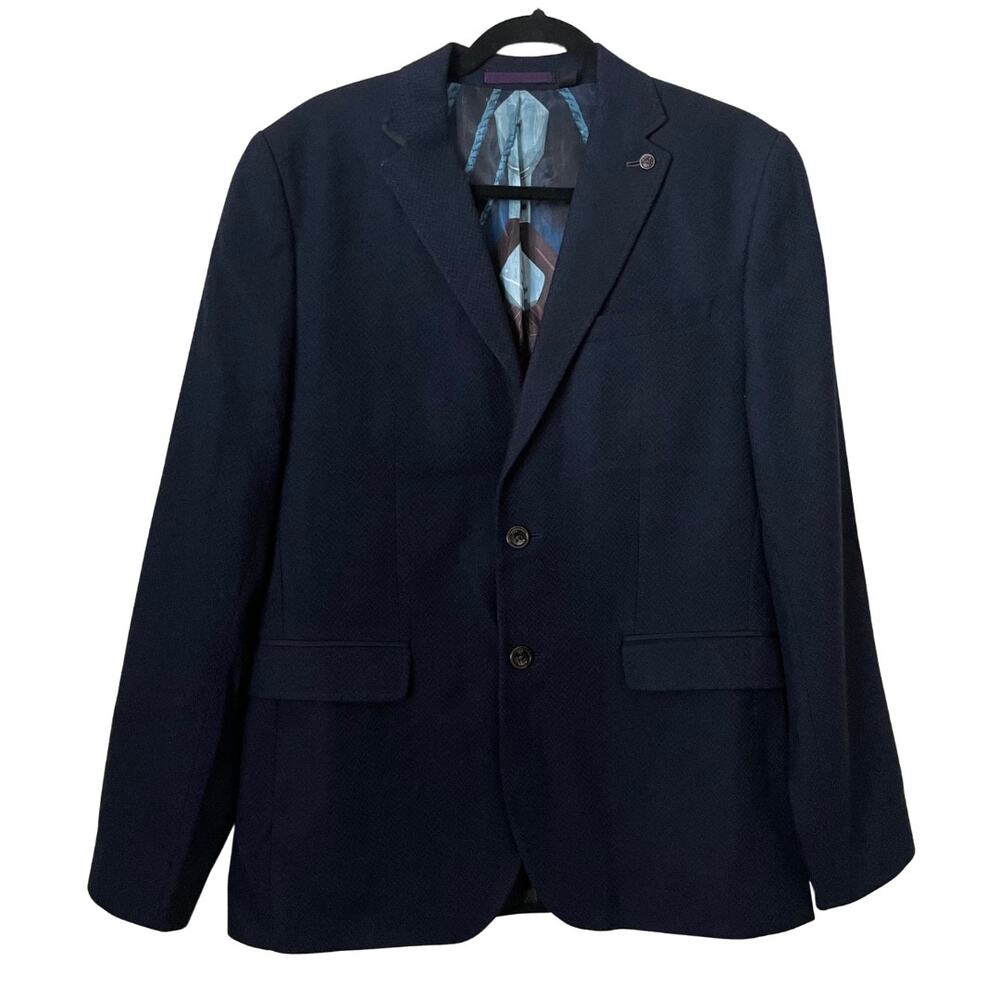 Ted Baker Blazer Mens Large Blue Glen Wool Sports Coat‎ Jacket Preppy Nautical